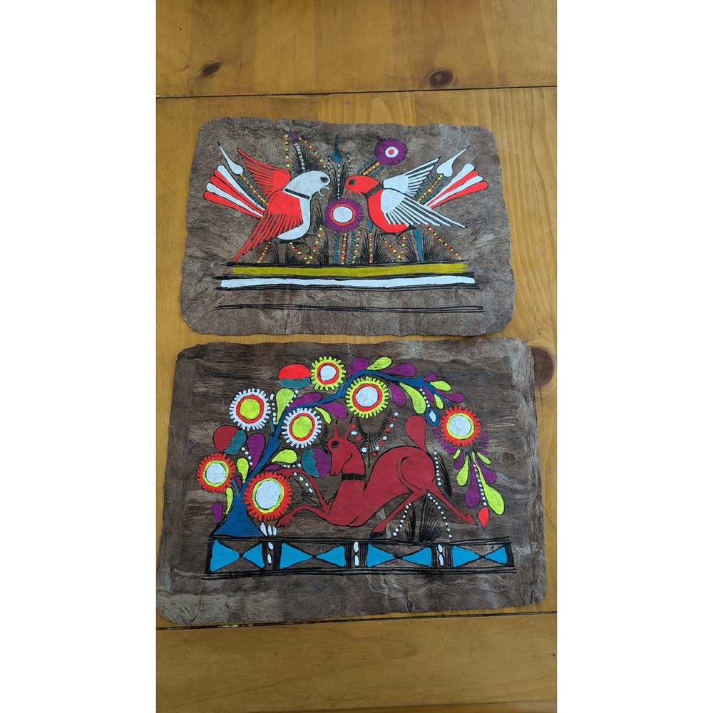 2 Vintage Mexican Amate Bark Paper Paintings Hand Painted Folk Art Birds Deer